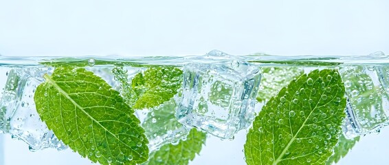 Naklejka premium Fresh mint leaves splashing into clear water with bubbles creating refreshing beverage concept for summer drinks and natural cooling products.