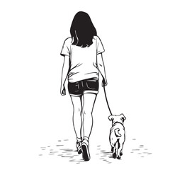 vector illustration of a girl leading a dog