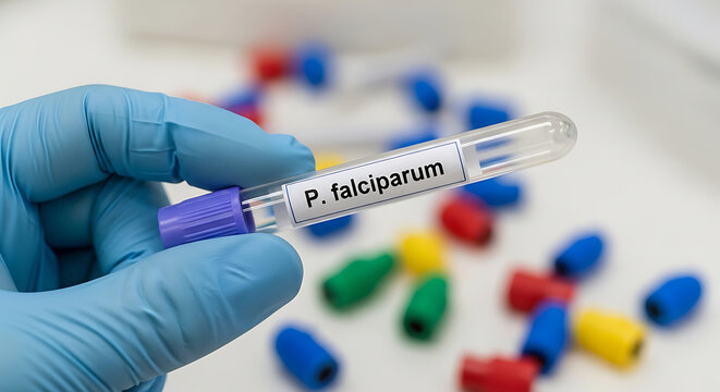 Laboratory test tube containing plasmodium falciparum sample with colorful pills nearby
