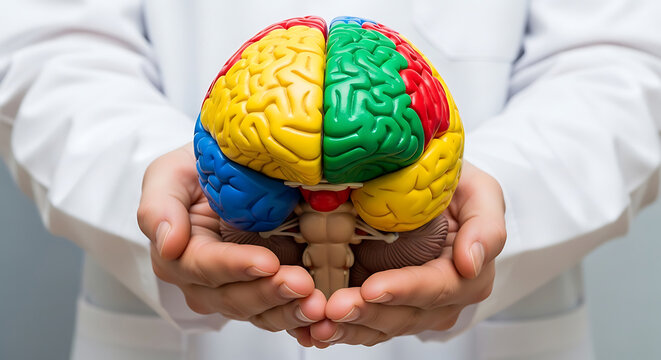 Hands holding a colorful model of the human brain for educational demonstration.