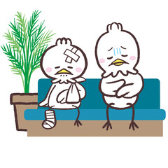 病院の待合いソファーに座る白い鳥のイラスト © おひさまストック