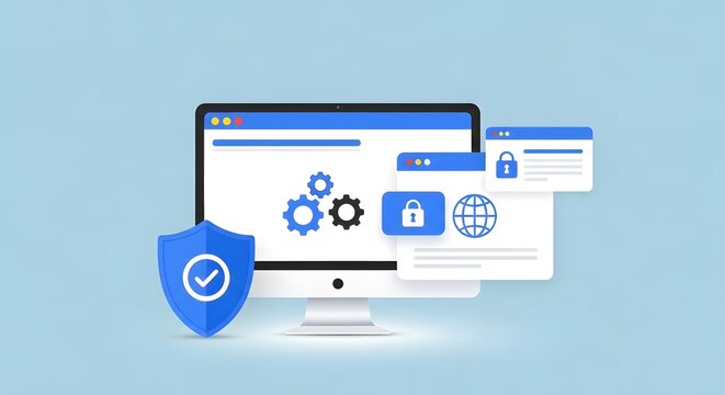 A computer monitor with a blue shield and checkmark displays a secure web page with a lock and gears