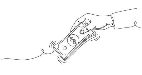 Continuous line drawing of hand holding cash with currency symbol. None editable stroke