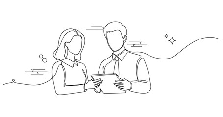 Line art of professional collaboration between businesswoman and businessman with tablet. None editable stroke