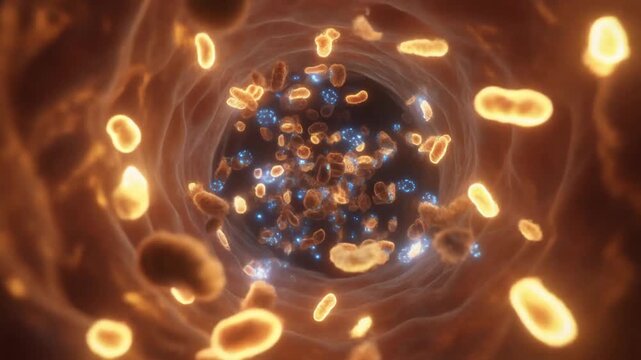 Explore the inside of a gut tunnel with food particles and glowing bacteria in macro detail during a fascinating journey