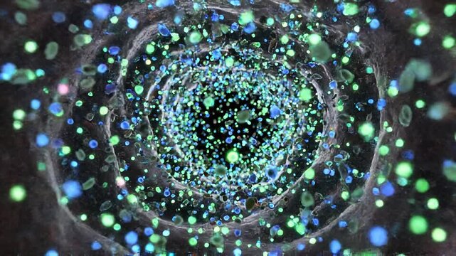 Food particles dissolve into glowing bacteria inside the gut over time in this engaging animation with detailed visuals