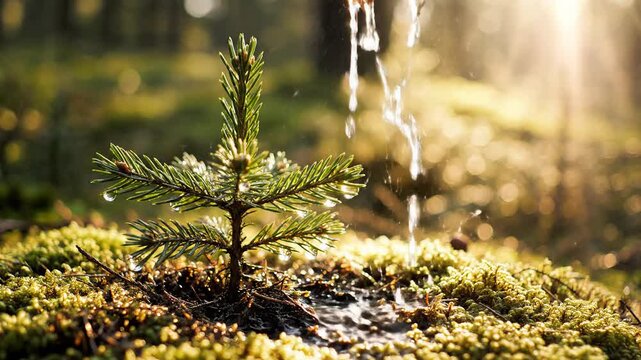 Close-up of small pine tree seedling being watered by hand in a forest