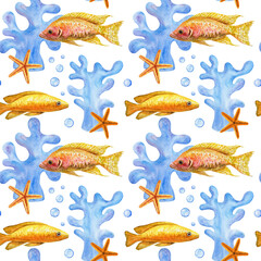 Fototapeta premium Yellow fish, corals, starfish, watercolor seamless pattern on a white background. Underwater world, marine style.