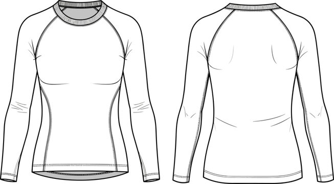 Technical, flat, sketch, of, women, long, sleeve, raglan, shirt, vector, illustration, front, and, back, view, fashion, template, for, apparel, flavector.
