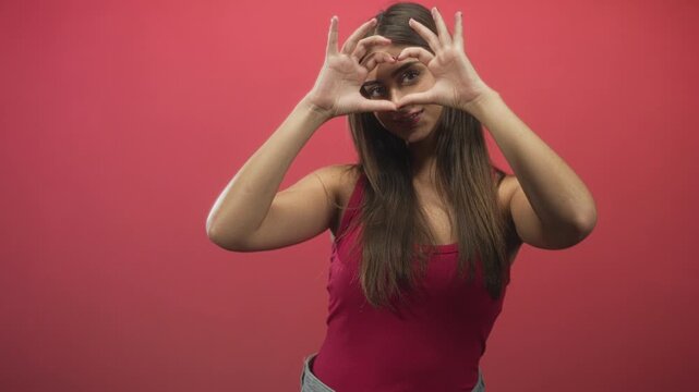 Woman forms a heart with her hands framing one eye and smiling in a red studio backdrop, long hair visible and casual pose; playful.