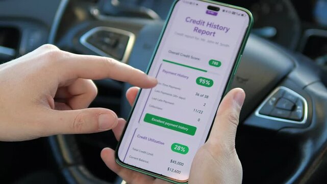 Macro sequence of a smartphone screen displaying a clean, professional financial app UI. The video captures the user scrolling through credit score metrics, including payment history, late payments