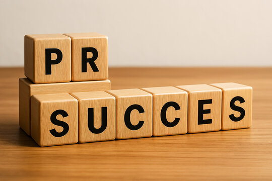 Wooden blocks arranged in an orderly fashion on a desk spell out pr success representing the vital role of public relations in achieving brand recognition and company growth in commerce.