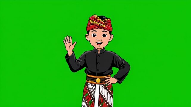 Cartoon man in traditional balinese clothing waving with a green background 4k video
