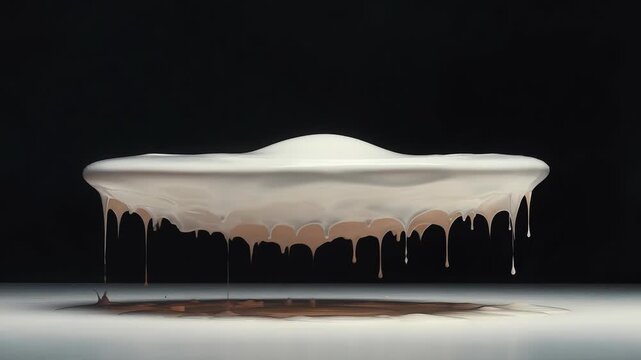White liquid dripping from a horizontal surface on a dark background. Fluid movement and abstract pattern creation. Minimalist art concept.