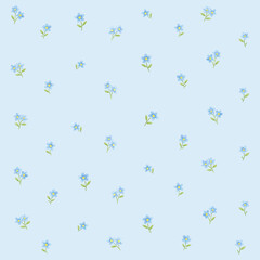 Seamless floral pattern with small blue forget-me-not flowers scattered on transparent background. Delicate botanical repeat design suitable for fabric, wrapping paper, packaging, wallpaper