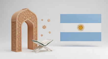 Obraz premium Ramadan & Eid Argentina: Islamic Arch, Quran & Flag 3D Illustration 