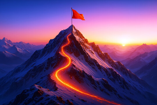 Glowing Path to Mountain Summit with Red Flag - Success Achievement Goal Concept - Dramatic Sunset Sunrise Journey to Peak Victory - Epic Motivational 3D Illustration