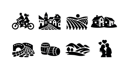 Naklejka premium A couple riding bicycles through a scenic European village, surrounded by vineyards. Filled icon set of A