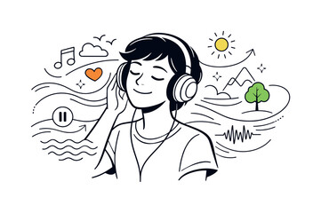 Serene Audio Escape. Finding calm in ordinary moments. Person listening attentively to music or nature sounds,