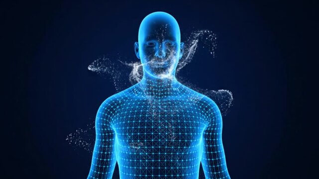 A digital twin healthcare animation of a human body, showcasing a 3D wireframe model from a front viewpoint