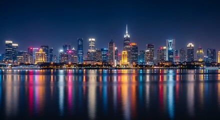 Obraz premium Modern city skyline at night with colorful reflections on the water surface