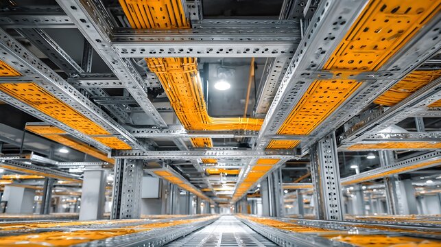 Industrial view looking up at organized yellow network cabling trays in a server room ceiling showing depth and complex tech infrastructure.