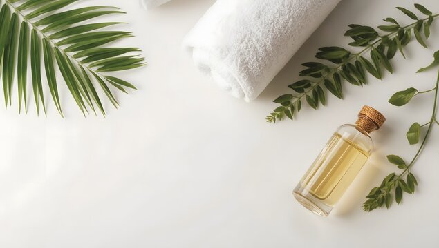 Calm Spa Essentials with Towel, Bottle, and Green Leaves Arrangement