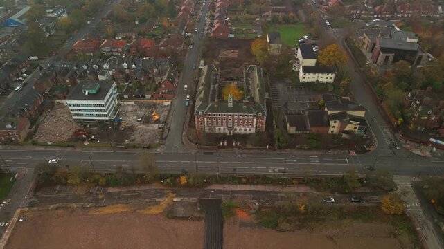 Westgate Road nurses building demolition renovation works. Drone point of view on quiet morning