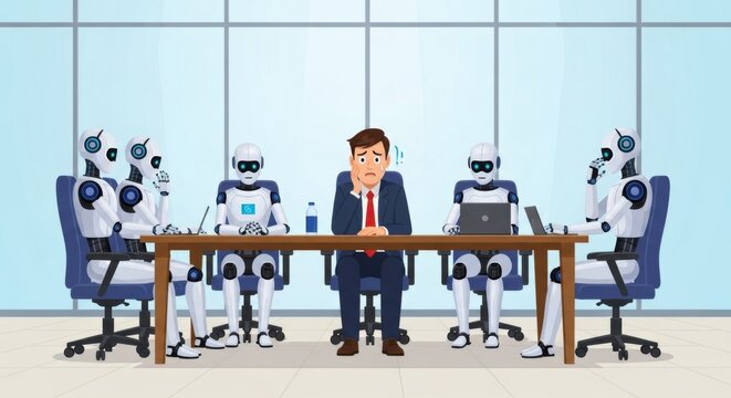 Human job applicant facing robot interview panel