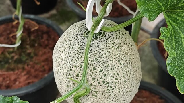 Ripe green melon in garden.