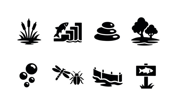 Freshwater restoration. Filled icon set of Freshwater restoration: wetland reeds, fish ladder, river stones,