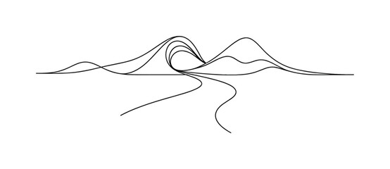 "Dream Landscape". Minimalistic one-line drawing an otherworldly horizon bending and folding