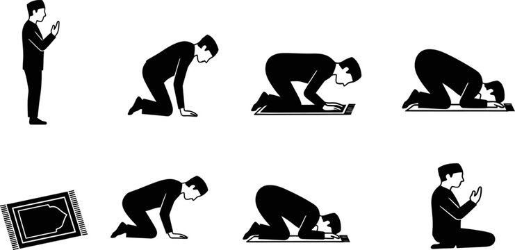 Muslim man praying in various poses showing spiritual worship during ramadan