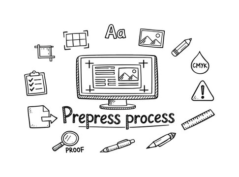 Prepress process. Hand-drawn doodle illustration of Prepress process. In the middle, one slightly larger