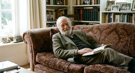 Obraz premium Senior Caucasian man with white beard relaxing on vintage leather sofa in cozy home library with bookshelves and natural window light for lifestyle content.