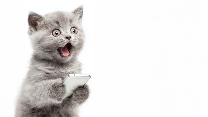 Smartphone shocked meme cat with copy space on white background cat-meme_1086