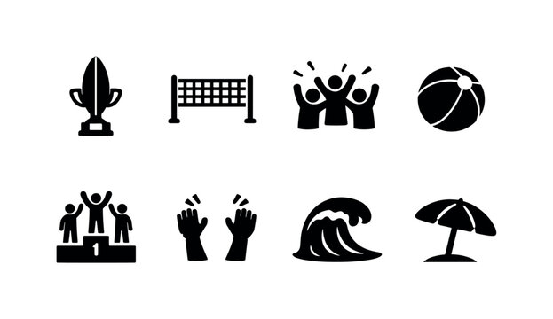 Surfing or beach volleyball tournament celebrations. Filled icon set of Surfing or beach volleyball tournament