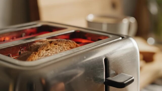 Close-up of Sliced Bread Being Toasted in a Stainless Steel Toaster