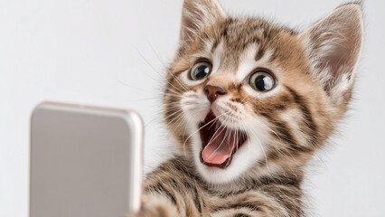 Smartphone shocked meme cat with copy space on studio background cat-meme_1112