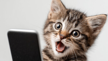Smartphone shocked meme cat with copy space on studio background cat-meme_1113