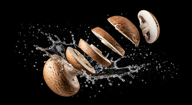 Fresh mushroom slices exploding in water splash isolated on black background, a dynamic culinary ingredient for healthy cooking
