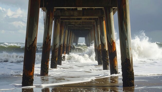 Dramatic ocean waves crashing under pier pillars on a stormy day capturing natural power