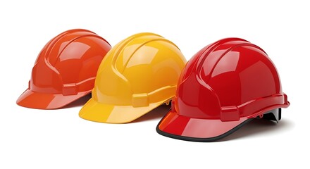 Fototapeta premium Three hard hats in red yellow and orange on white background with reflective surfaces