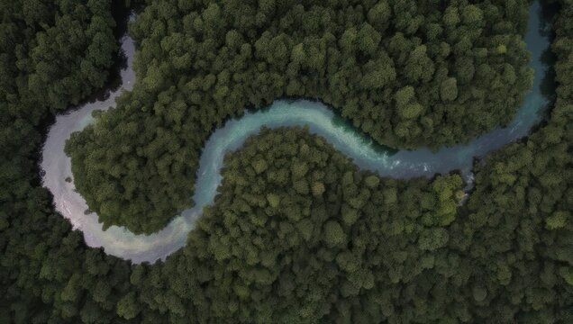 Aerial view of a winding river through lush green forest, showcasing natural beauty