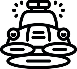 Retro futuristic flying police car hovering over a landing platform with flashing siren lights © ylivdesign