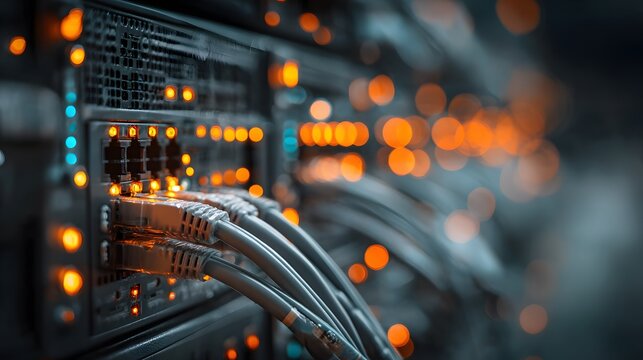 Macro shot captures server rack cables and blinking lights with orange and blue contrasting tones in a shallow depth of field setting.