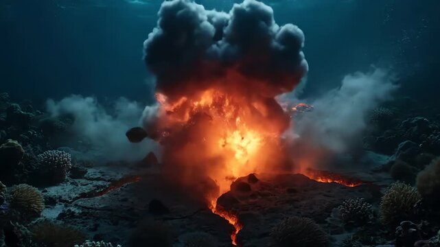 Undersea volcanic eruptions trigger powerful explosions with bursts of fire and hot material, illustrating extreme natural formation processes and the dangers of inferno in the depths of the ocean.