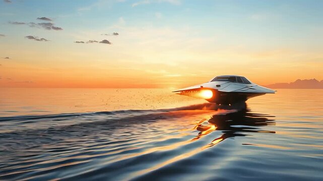 Futuristic stealth hovercraft flying low over reflective water with dramatic orange sunset during early evening.