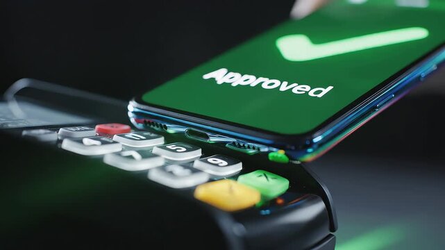 Mobile payment transactions are successfully approved near the keypad, showcasing contactless technology that is practical in modern consumer financial activities.