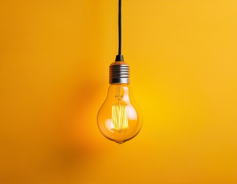 single edison bulb hangs against vibrant yellow backdrop bright background cozy simple